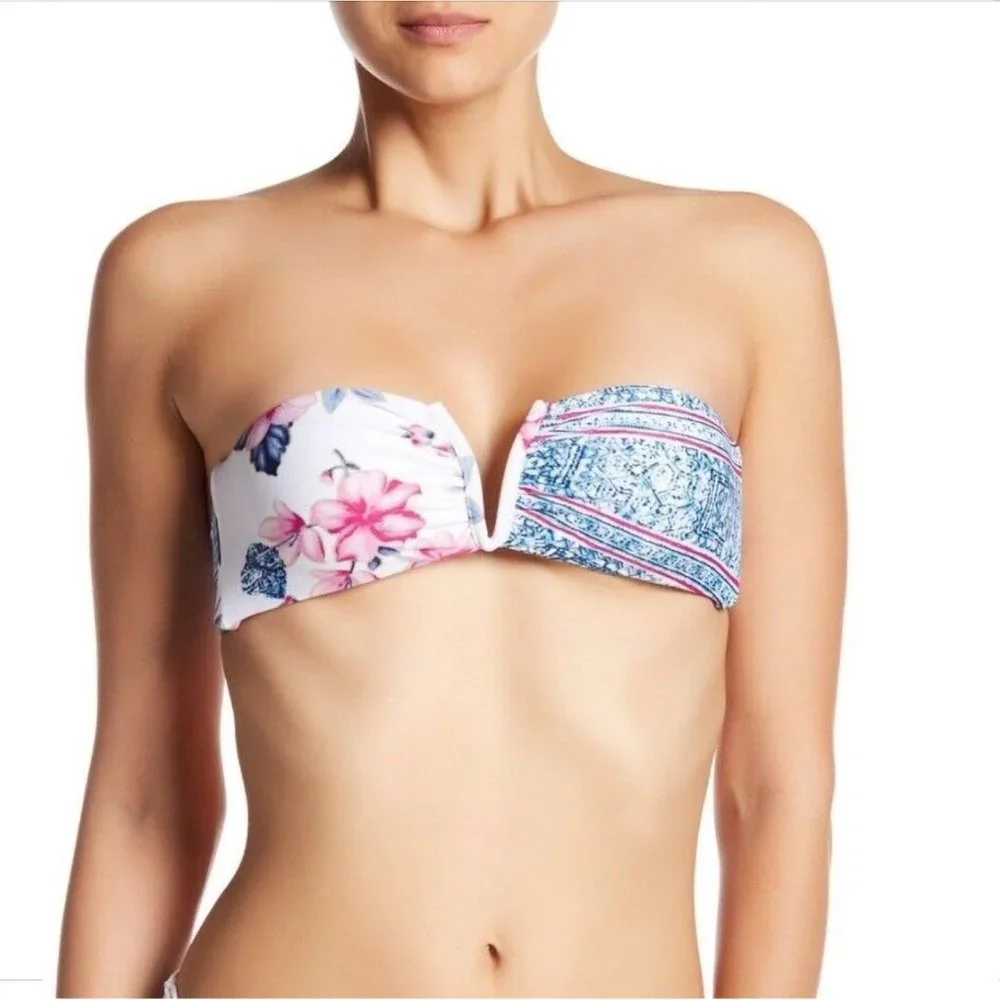 NEW Frankie's Bikinis 'India' Bandeau Top‎ Floral-Stripe [SZ Medium ]